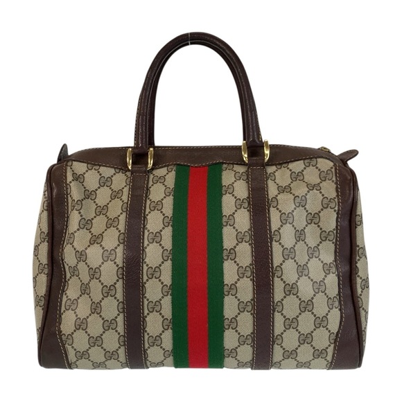 GUCCI Sherry Line GG Supreme Canvas Leather Handbag Boston Bag Brown Beige Gold - Picture 2 of 10